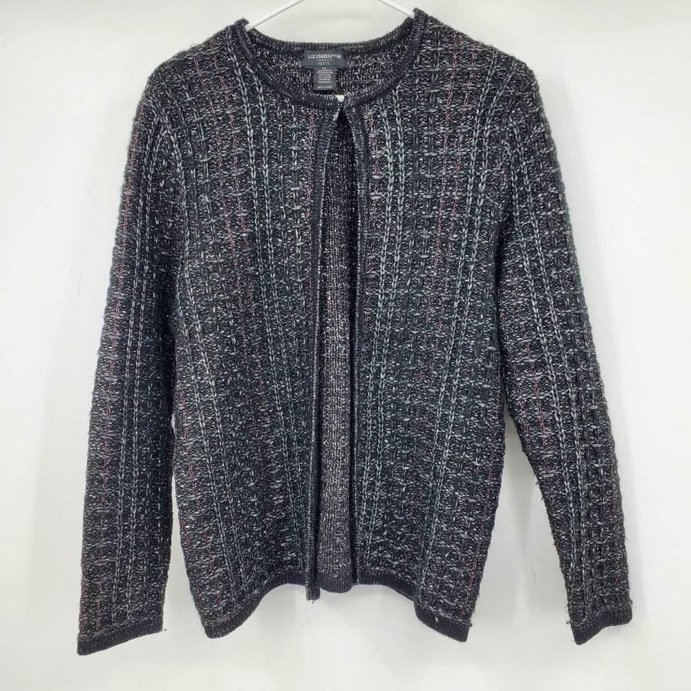 Liz Claiborne Clasp Front Black Shimmer Metallic Women's Sweater L Petite